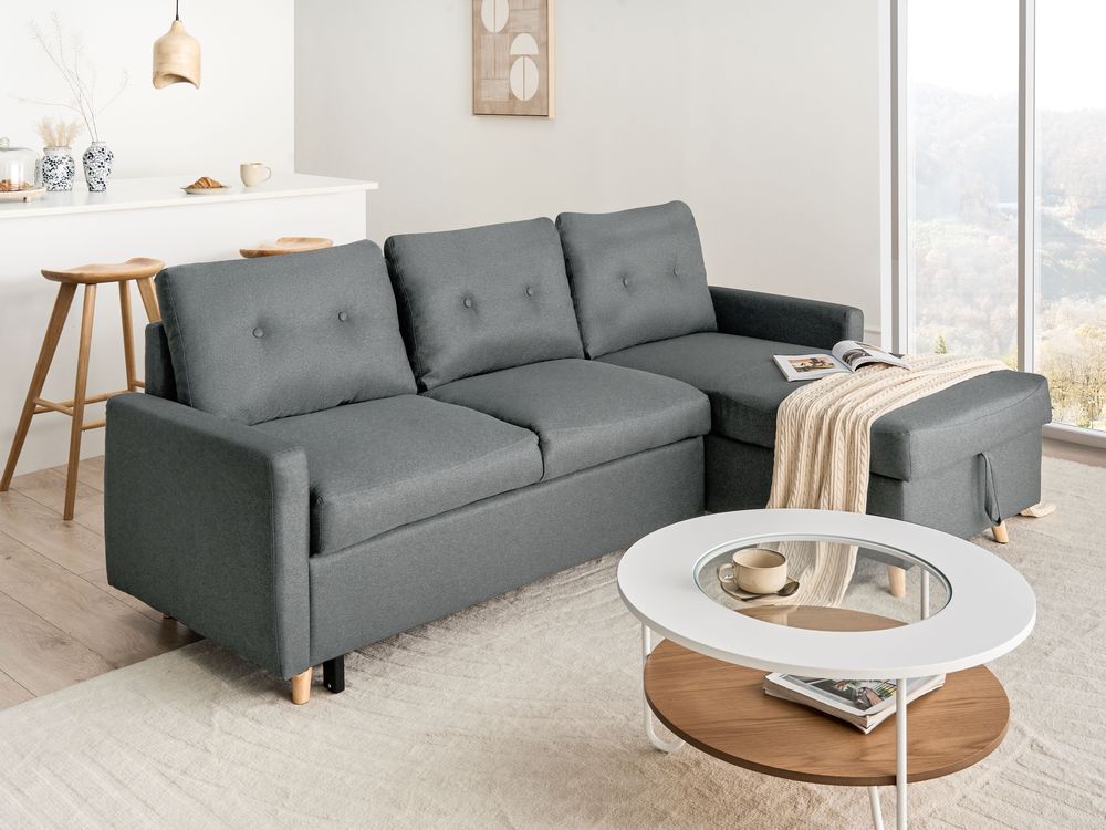 Left Hand Corner Sofa Bed with Storage Dark Grey FLAKK Beliani.co.uk