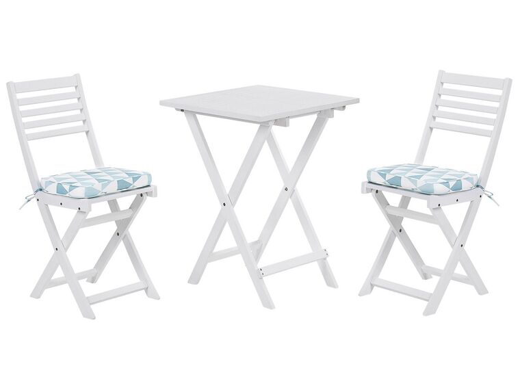 Balkongset av bord och 2 stolar med dynor vit blå mönster FIJI _764242