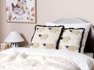 Set of 2 Fringed Cushions Sheep Motif 45 x 45 cm Beige BANNU