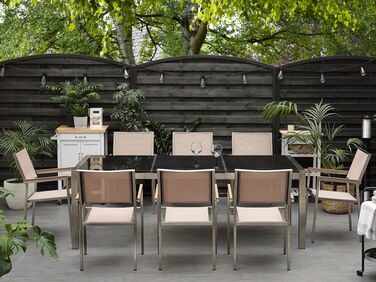 8 Seater Garden Dining Set Black Granite Triple Plate Top and Beige Chairs GROSSETO 