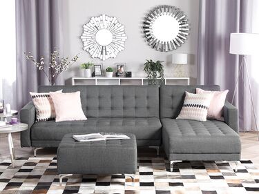 Left Hand Fabric Corner Sofa with Ottoman Grey ABERDEEN