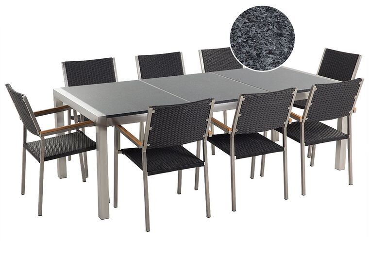 Nyolcszemélyes szürke gránit étkezőasztal fekete rattanszékekkel GROSSETO_452153