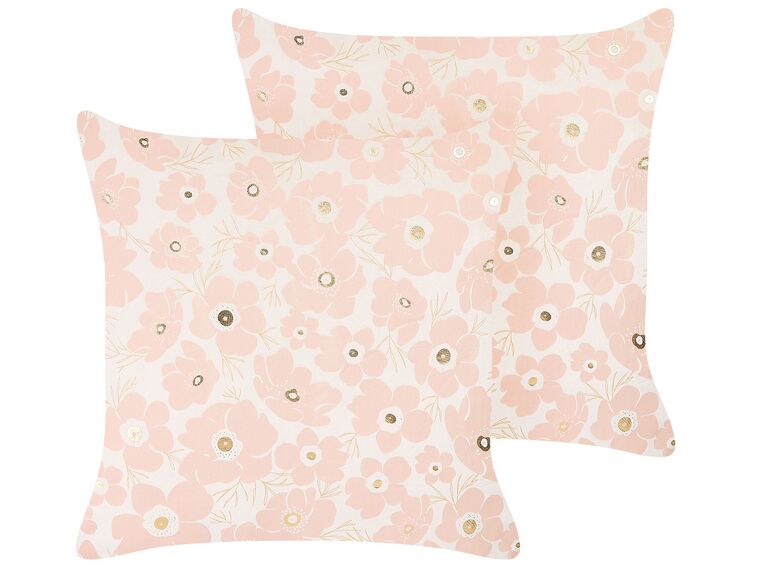 Set of 2 Velvet Cushions Floral Pattern 45 x 45 cm Beige and Pink TRITELEIA_857798