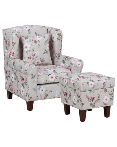 Fabric Wingback Chair with Footstool Floral Pattern Cream HAMAR