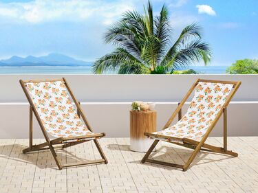 Set of 2 Acacia Folding Deck Chairs and 2 Replacement Fabrics Light Wood with Off-White / Oranges Pattern ANZIO