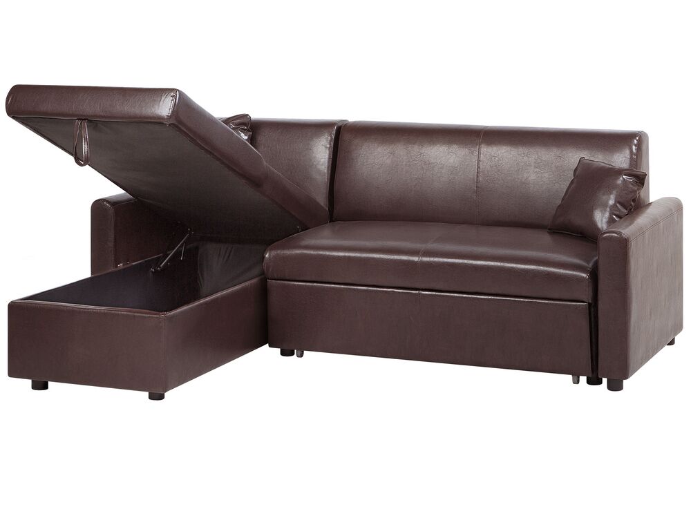 Right Hand Faux Leather Corner Sofa Bed with Storage Dark Brown OGNA