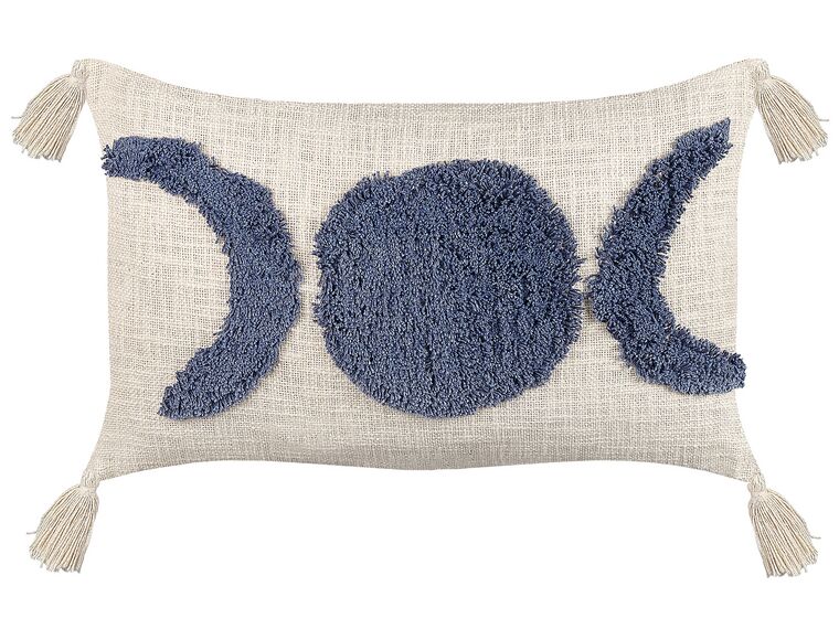 Tufted Cotton Cushion with Tassels 35 x 55 cm Beige and Blue LUPINUS_838980