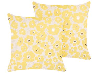 Set of 2 Velvet Cushions Floral Pattern 45 x 45 cm Beige and Yellow TRITELEIA 