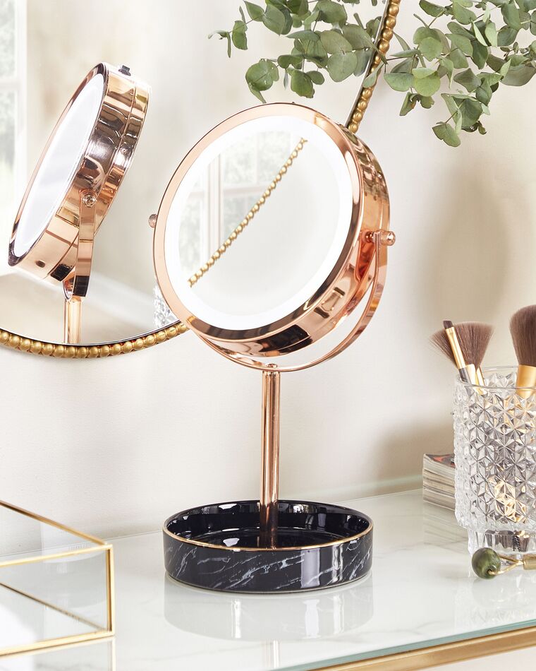 Lighted Makeup Mirror ø 26 cm Rose Gold and Black SAVOIE Beliani.co.uk