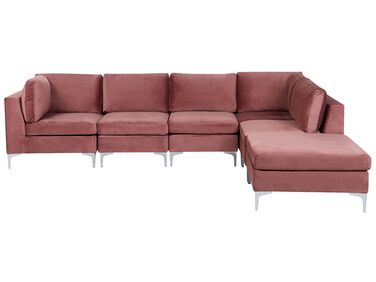 Sofá de canto de 5 lugares em veludo rosa com repousa-pés versão à esquerda EVJA