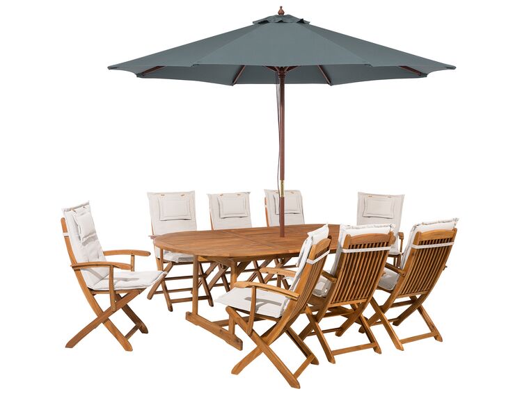 8-personers havemøbelsæt i akacietræ med grå parasol og råhvide hynder MAUI_697627