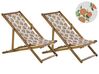 Set of 2 Acacia Folding Deck Chairs and 2 Replacement Fabrics Light Wood with Off-White / Oranges Pattern ANZIO_819654