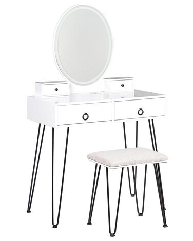Konsolbord med 4 skuffer LED spejl og skammel hvid og sort SOYE