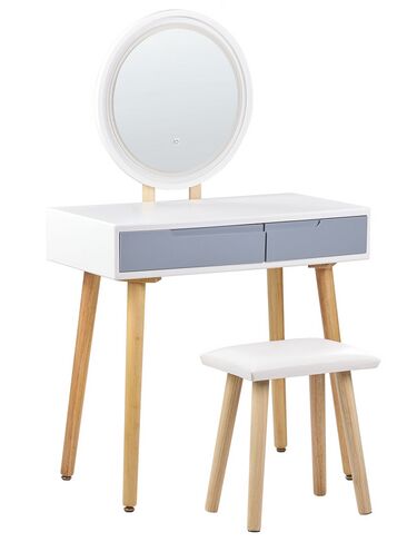 Coiffeuse blanc et gris avec 2 tiroirs un miroir à LED et un tabouret JOSSELIN