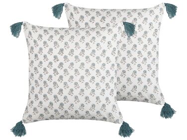 Set of 2 Cotton Cushions Floral Pattern with Tassels 45 x 45 cm White and Blue CORNUS