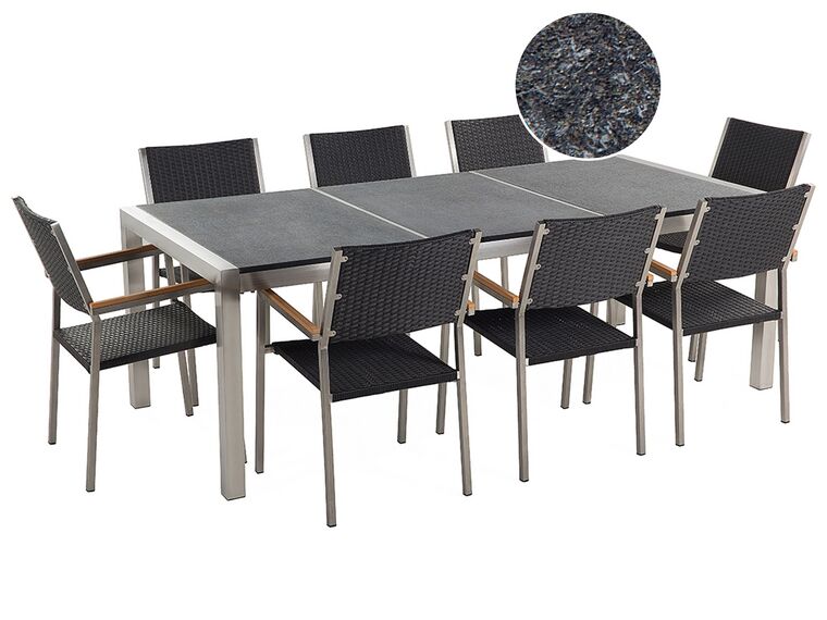 Conjunto de mesa com tampo triplo granito flameado preto 220 x 100 cm e 8 cadeiras rattan sintético GROSSETO_452632