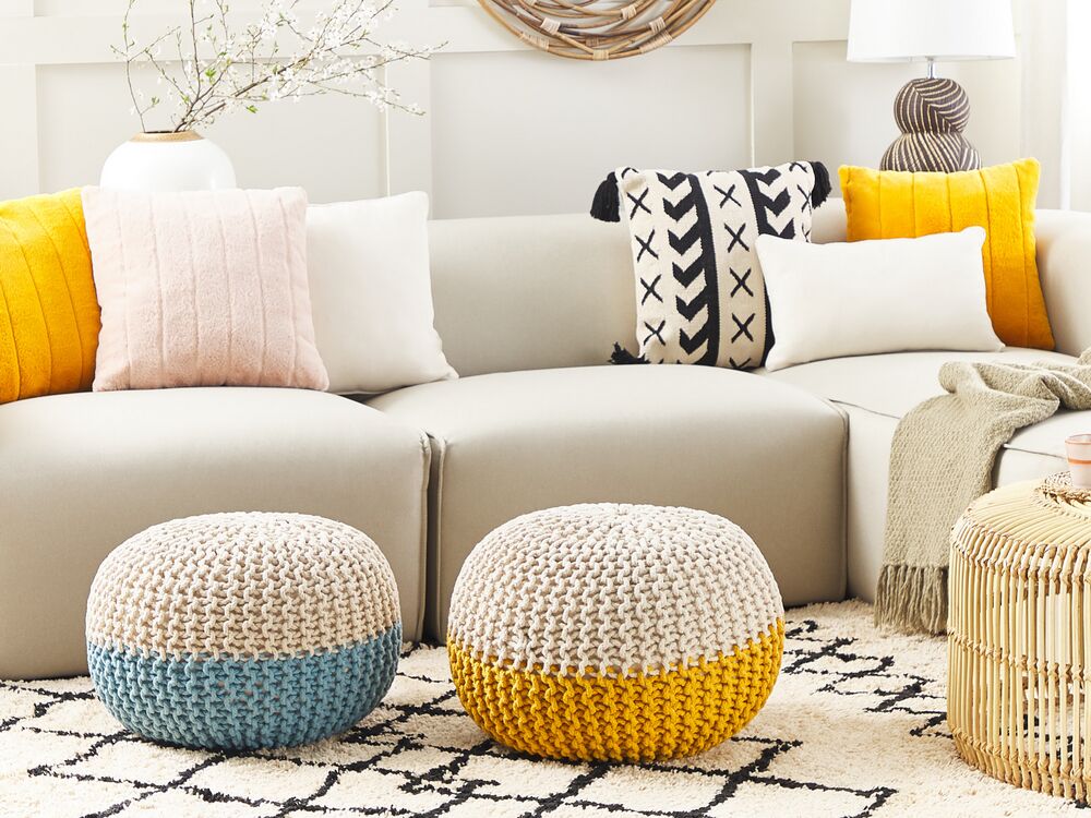 Pouffe Ottoman 50 X 35 Cm Beige And Yellow Conrad Beliani Co Uk