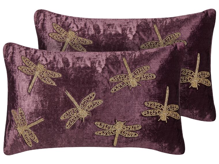 Set of 2 Embroidered Velvet Cushions Dragonfly Motif 30 x 50 cm Purple DAYLILY_892655