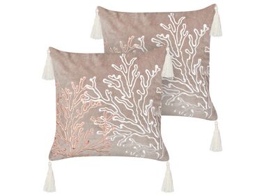 Set of 2 Velvet Cushions Coral Motif 45 x 45 cm Taupe MAZZAELLA