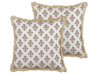 Dekokissen Blumenmuster Baumwolle cremeweiß mit Fransen 45 x 45 cm 2er Set OMORIKA