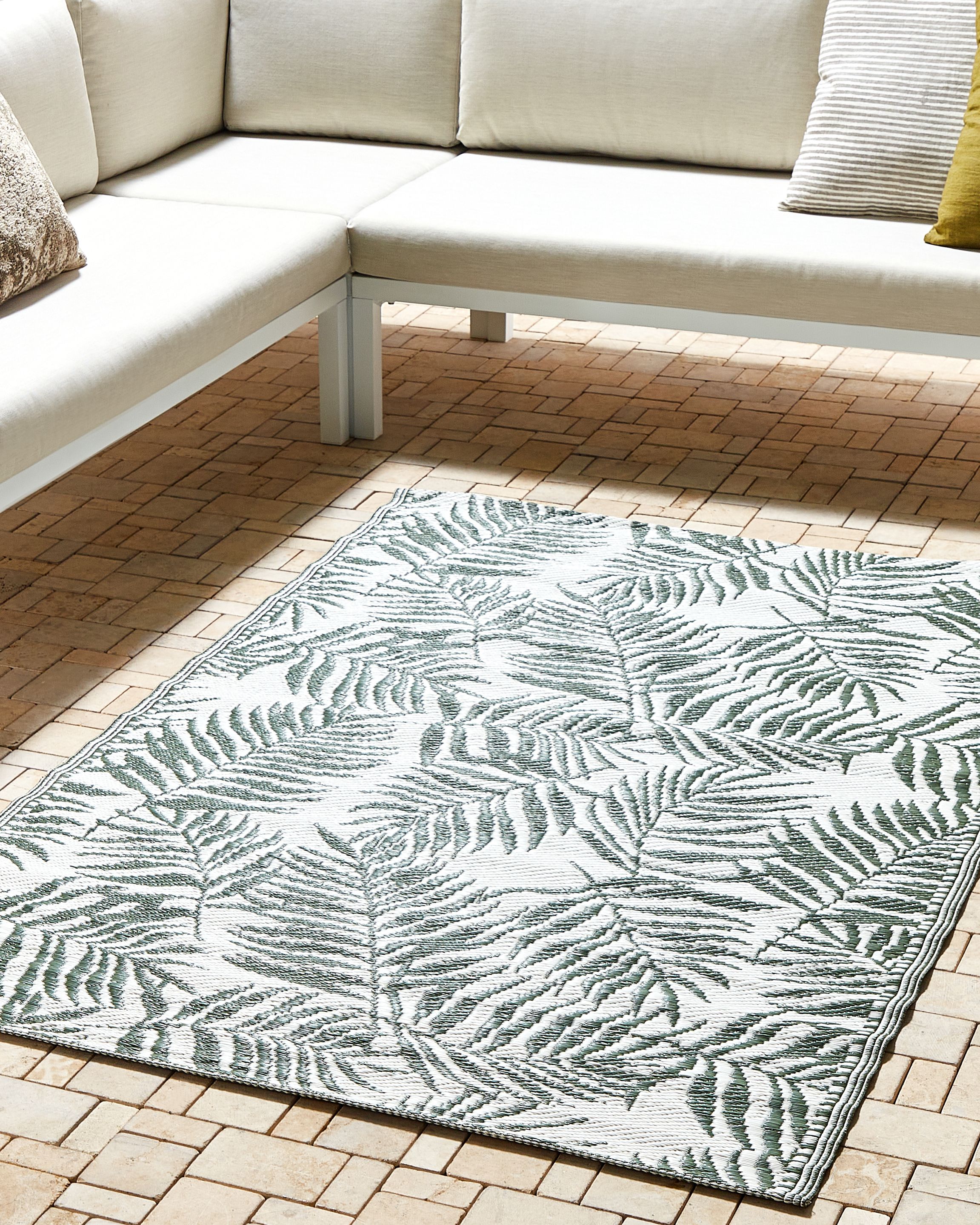 Tapete de exterior 120 x 180 cm padrão folhas de palmeira verde escuro KOTA