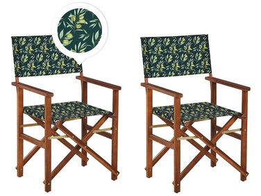 Set of 2 Acacia Folding Chairs and 2 Replacement Fabrics Dark Wood with Grey / Olives Pattern CINE