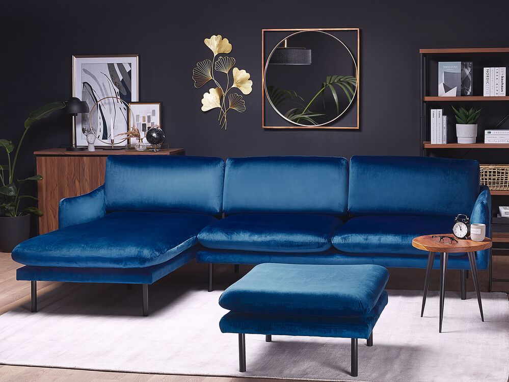Right Hand Velvet Corner Sofa Navy Blue VINTERBRO Beliani.co.uk