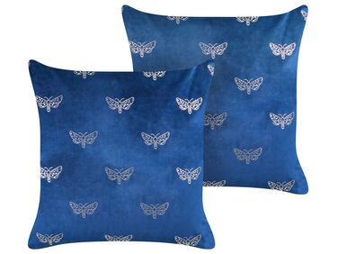 Set of 2 Velvet Cushions Butterfly Pattern 45 x 45 cm Blue YUZURI