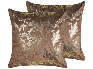Set of 2 Velvet Cushions Floral Print 45 x 45 cm Brown DAFFODIL