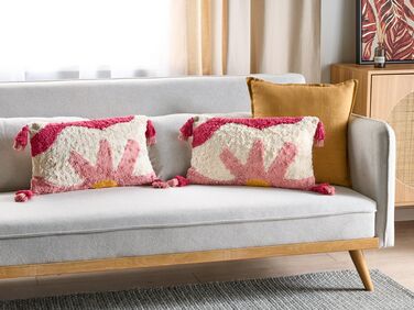 Set of 2 Tufted Cotton Cushions with Tassels 30 x 50 cm Pink and White ACTAEA