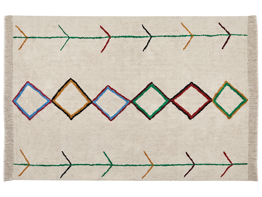 Area Rug White and Green Cotton 160 x 230 cm Geometric Pattern Rectangular Hand Woven Modern Design Beliani