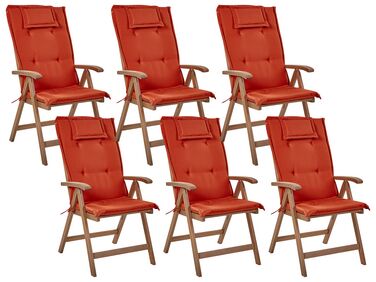 Conjunto 6 cadeiras de jardim em madeira escura de acácia com almofadas vermelhas AMANTEA