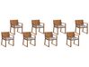 Sada 8 světle hnědých dřevěných zahradních židlí s modrým pruhovaným polštářem SASSARI_774891