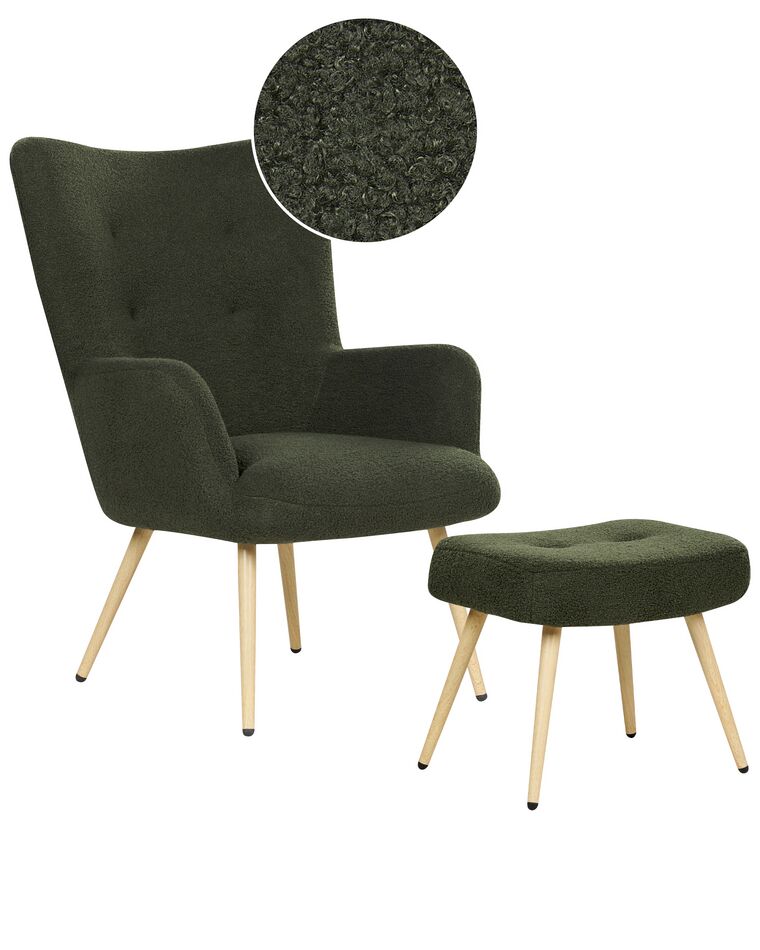 Boucle Wingback Chair with Footstool Dark Green VEJLE II_901575