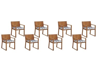 Set di 8 sedie da giardino in legno marrone chiaro cuscino a strisce blu SASSARI