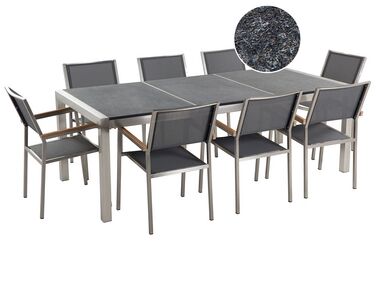 Table de jardin acier inox plateau granit triple noir flambé 220 cm avec 8 chaises en textile gris GROSSETO