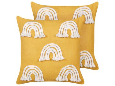 Conjunto de 2 almofadas decorativas com bordado de arco-íris em algodão amarelo 45 x 45 cm LEEA