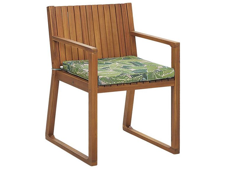 Záhradná jedálenská stolička z akáciového dreva s podsedákom s listovým vzorom zelená SASSARI_774849