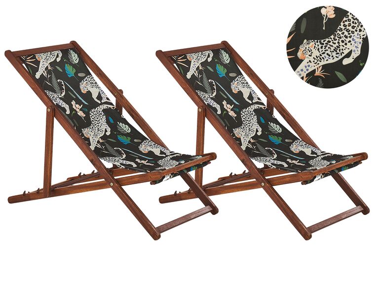 Set of 2 Acacia Folding Deck Chairs and 2 Replacement Fabrics Dark Wood with Off-White / Animal Pattern ANZIO_819840