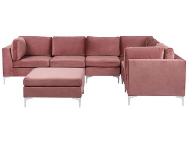 Sofá de canto de 6 lugares em veludo rosa com repousa-pés versão à esquerda EVJA