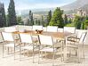 Nyolcszemélyes étkezőasztal eukaliptusz asztallappal és fehér textilén székekkel GROSSETO_768548