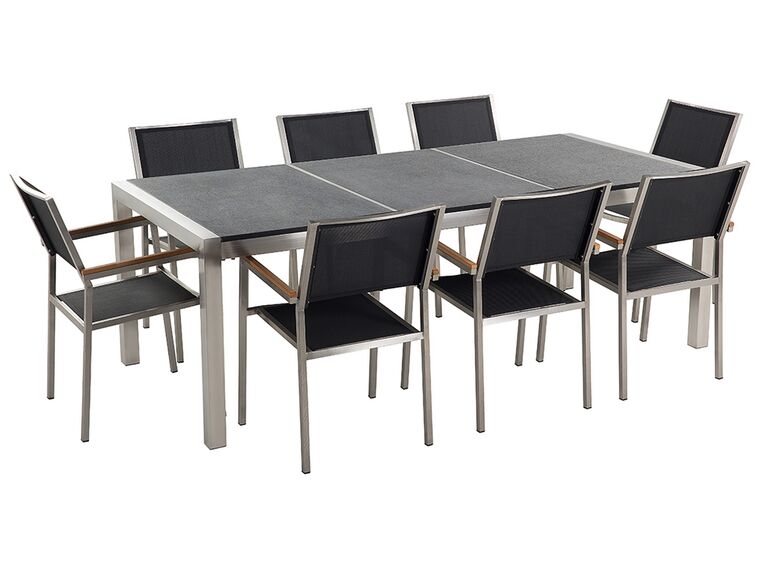 Nyolcszemélyes fekete gránit étkezőasztal fekete textilén székekkel GROSSETO_452970