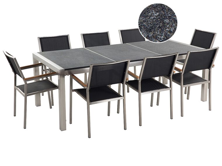 Conjunto de mesa com tampo triplo granito flameado preto 220 x 100 cm e 8 cadeiras pretas GROSSETO_452970
