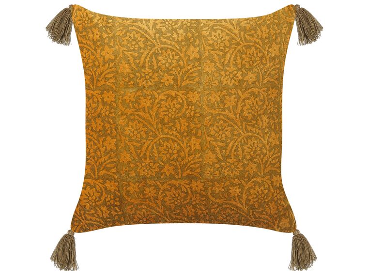 Velvet Cushion Floral Pattern with Tassels 45 x 45 cm Yellow RHEUM_838470