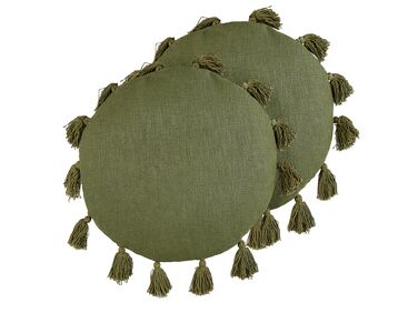 Dekokissen Baumwolle olivgrün mit Quasten ⌀ 45 cm 2er Set MADIA