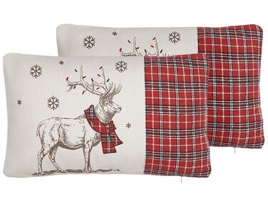 Set of 2 Cushions Reindeer Motif 30 x 50 cm Red and White SVEN