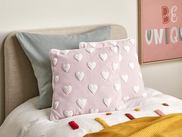 Set of 2 Cotton Cushions Embroidered Hearts 45 x 45 cm Pink GAZANIA