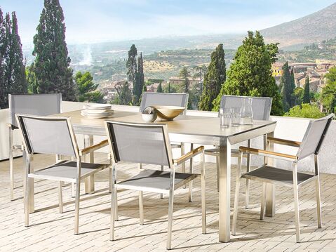 6 Seater Garden Dining Set Oak Veneer Hpl Top With Grey Chairs Grosseto Beliani No 6 Seater Garden Dining Set Oak Veneer, Oak Patio Table And Chairs