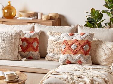 Set of 2 Tufted Cotton Cushions Geometric Pattern 45 x 45 cm Orange and Beige BREVIFOLIA