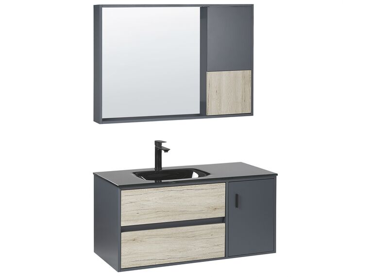 Meuble vasque avec miroir et cabinet 100 cm bois clair et gris TERUEL_821008